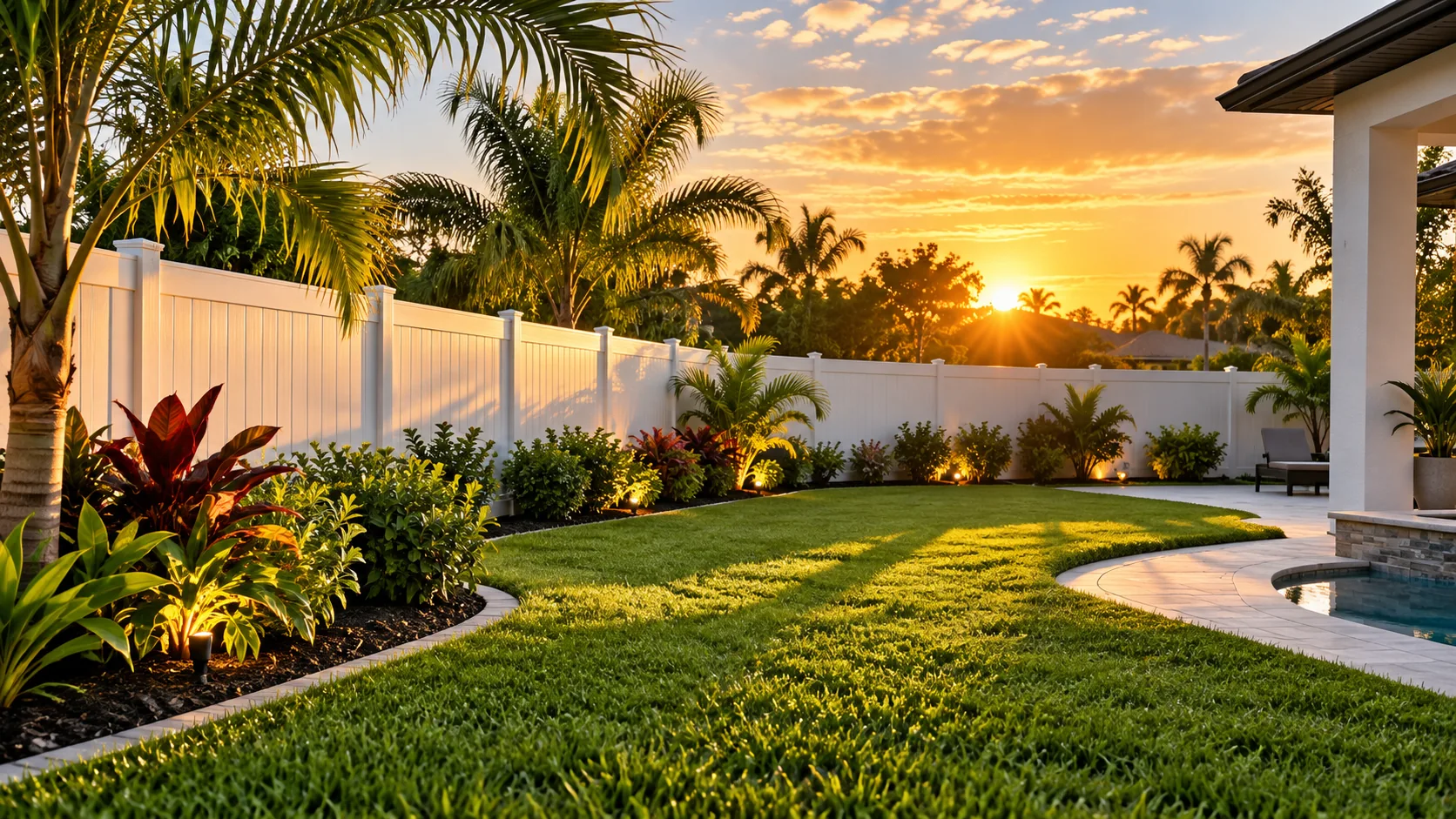 Patio con cerca blanca, césped y plantas tropicales al atardecer; imagen generada digitalmente